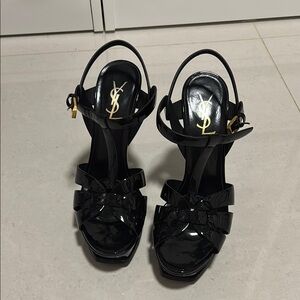 Yves Saint Laurent Glossy Black Heels with Gold Accents